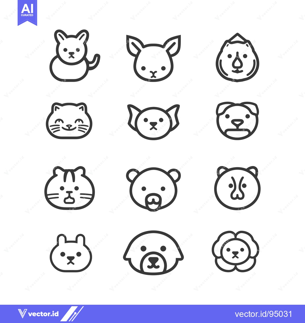 Premium Vector dari Set of Cartoon Animal Head Icons in Line Art Style
