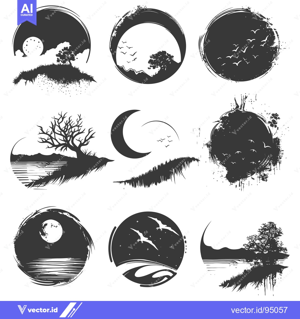 Premium Vector dari Set of Circular Nature Illustrations with Trees, Moon, and Birds