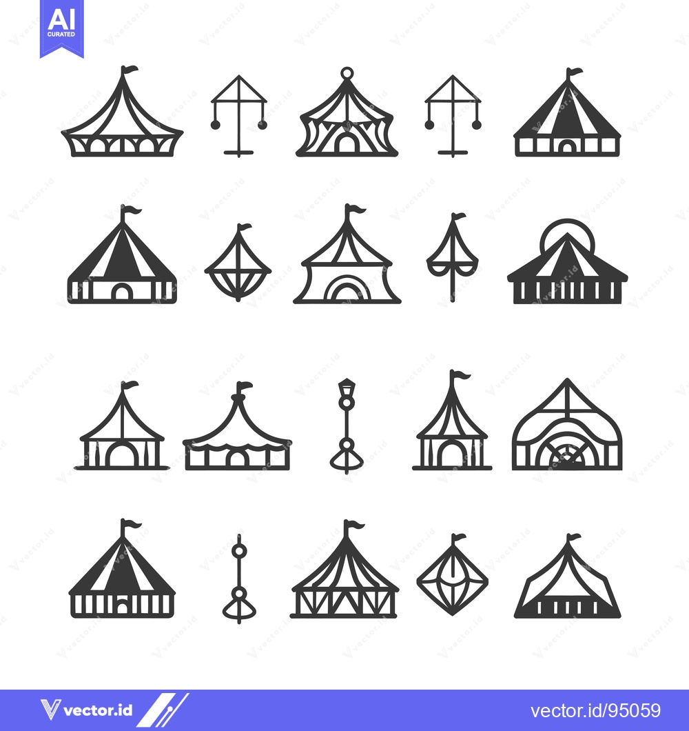 Premium Vector of Set of Circus Tent and Carnival Icons in Black and White