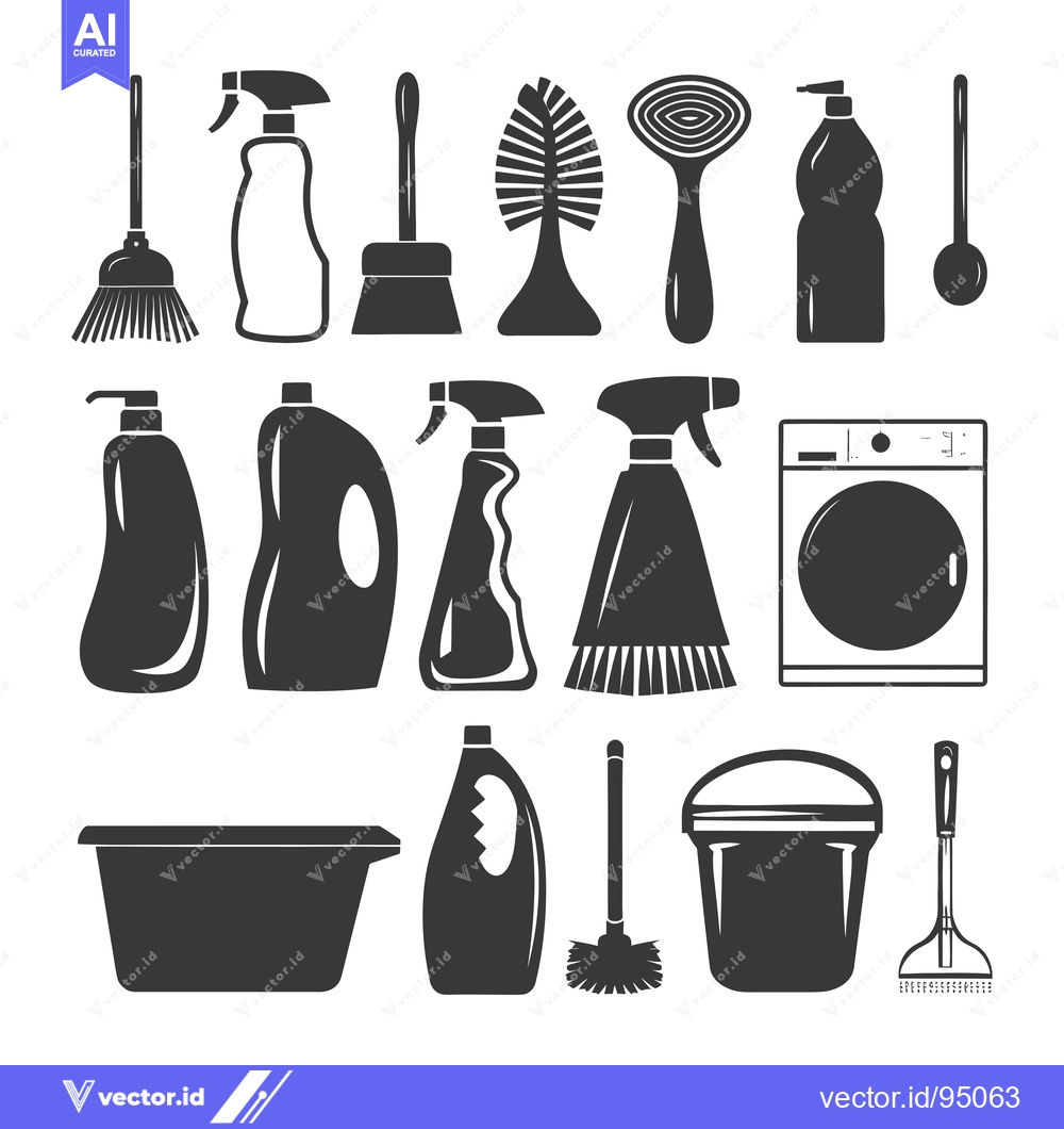 Premium Vector dari Set of Cleaning Supplies Icons in Black Silhouette