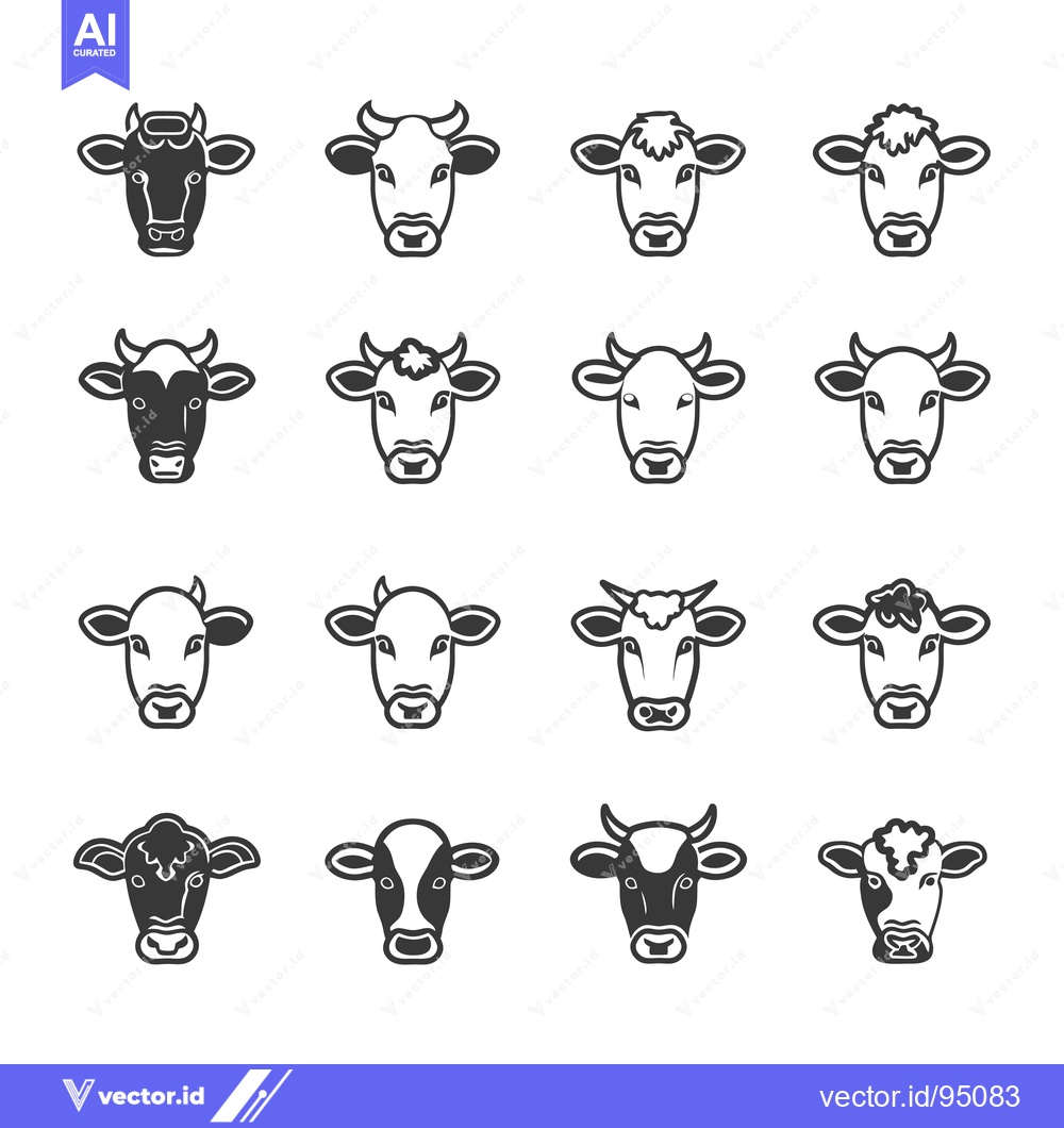 Premium Vector of Set of Cow Heads in Black and White Line Art