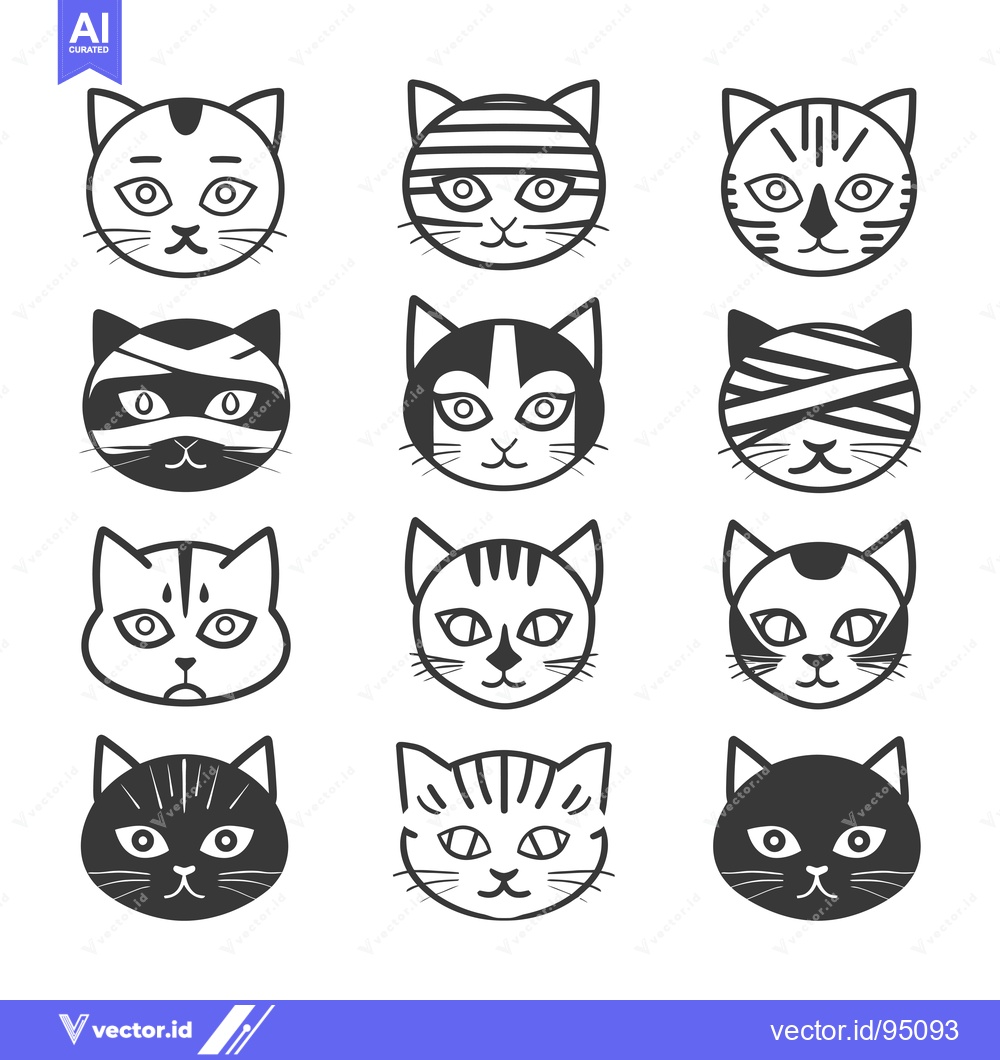 Premium Vector of Set of cute black and white cat faces with different expressions
