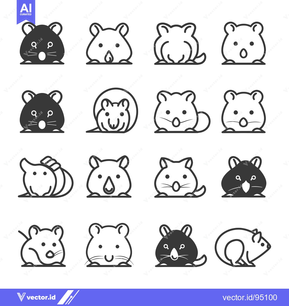 Premium Vector of Set of Cute Hamster Cartoon Icons in Line and Silhouette Styles