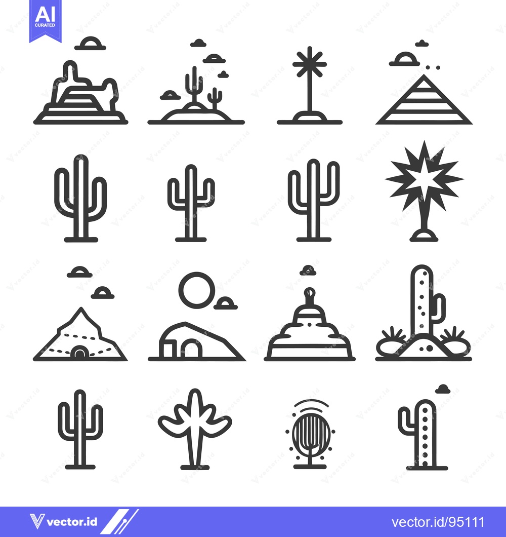 Premium Vector of Set of Desert Icons Featuring Cacti, Mountains, and Clouds