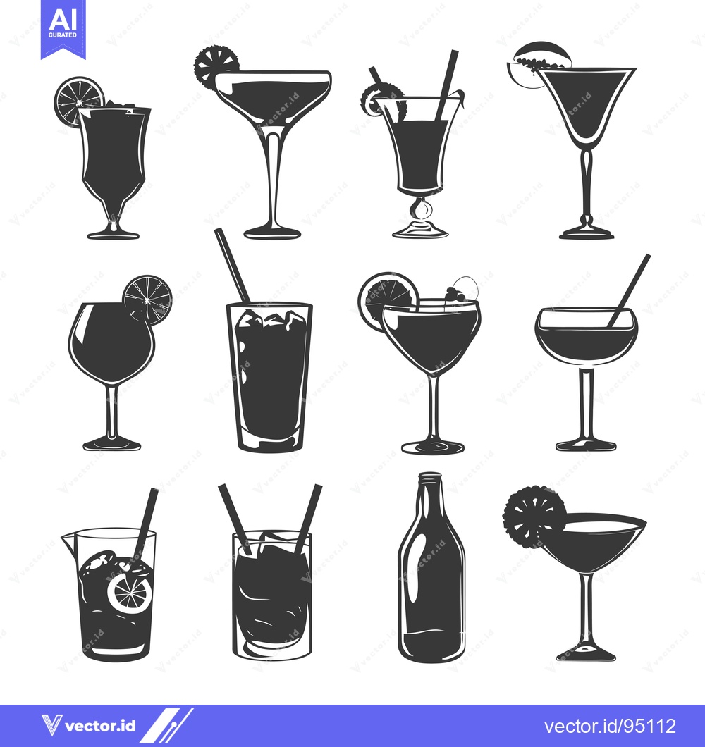 Premium Vector dari Set of Different Black and White Cocktail Glasses with Garnish