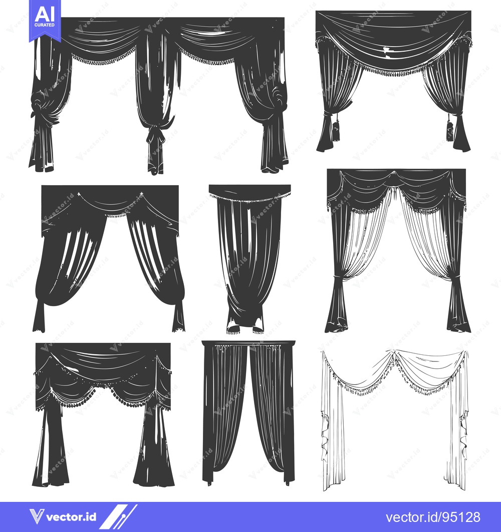 Premium Vector dari Set of Different Styles of Curtains Drawn in Black and White