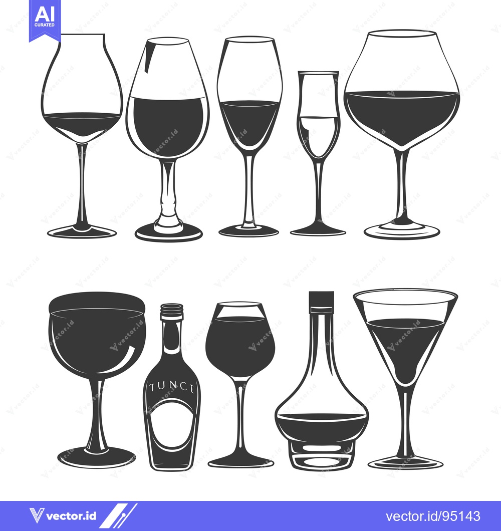 Premium Vector dari Set of Different Wine Glasses and Bottles