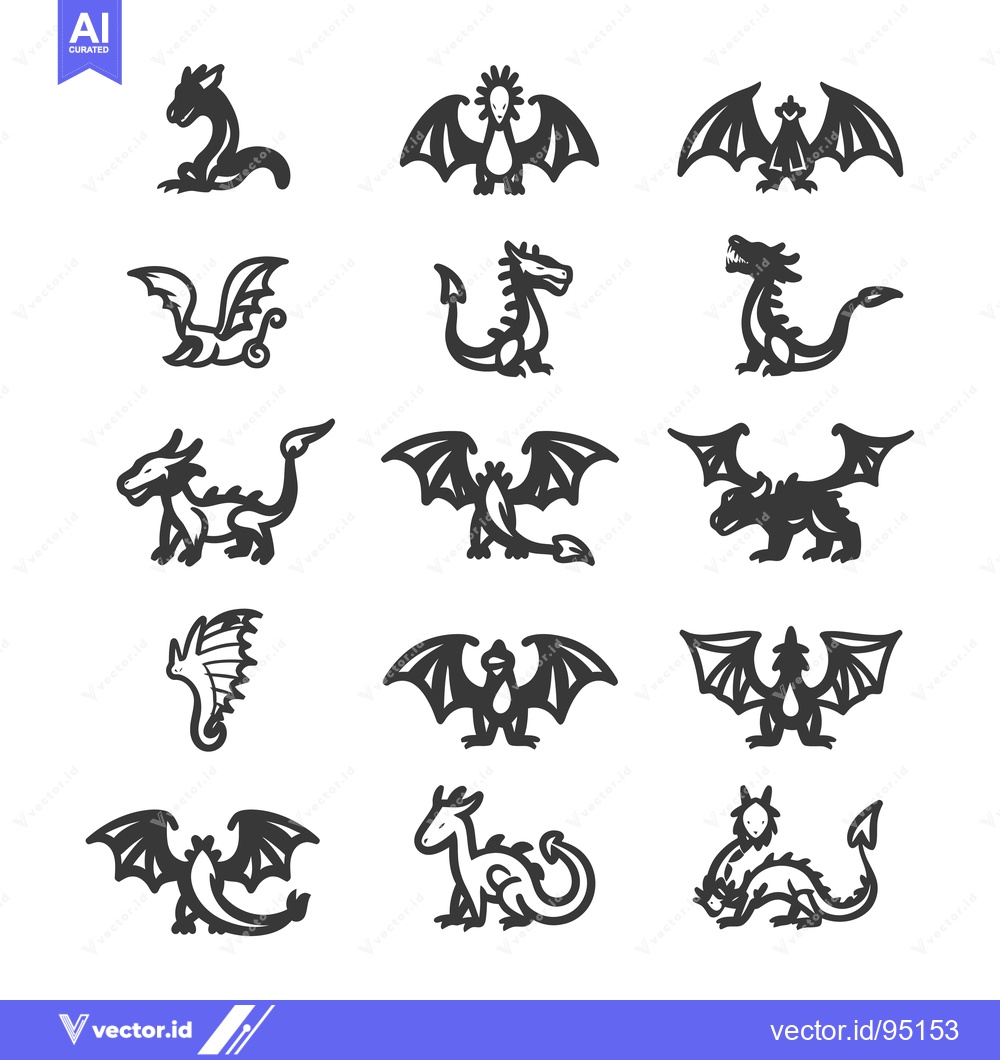 Premium Vector dari Set of dragon icons in various poses, with wings and tails