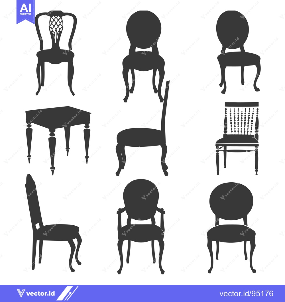 Premium Vector of Set of Eight Black and White Silhouettes of Chairs and a Table