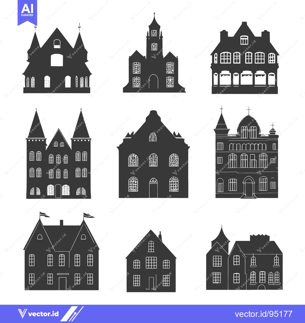 Premium Vector of Set of Eight Black and White Silhouettes of Historic Buildings