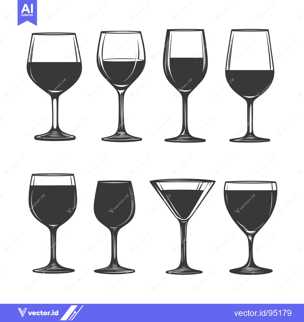 Premium Vector of Set of Eight Different Wine Glasses with Liquid Inside