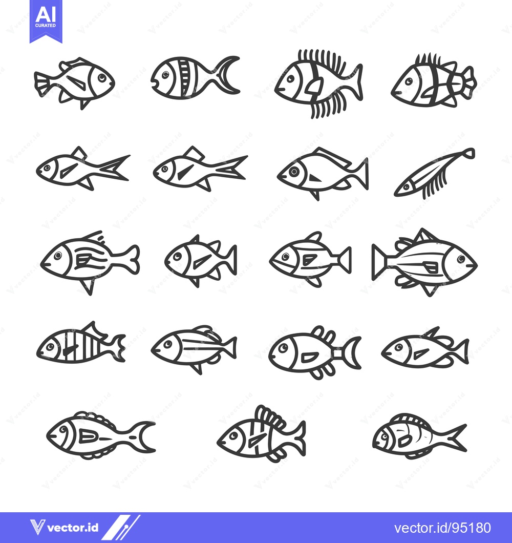 Premium Vector of Set of Eighteen Line Drawings of Different Fish Species