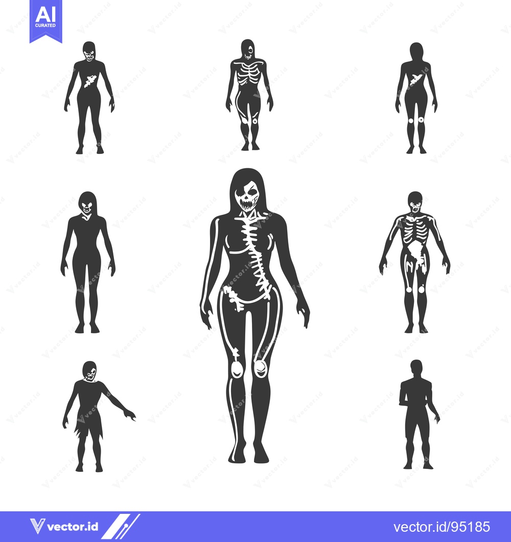 Premium Vector dari Set of Eight Silhouette Zombies with Visible Skeleton