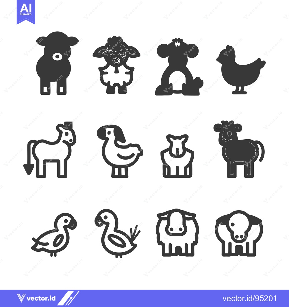 Premium Vector dari Set of Farm Animals Icons in Black and White