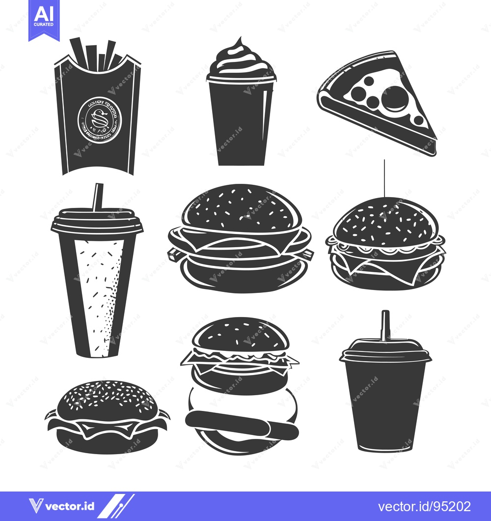 Premium Vector of Set of Fast Food Icons Including Burgers, Fries, Drinks, and Pizza