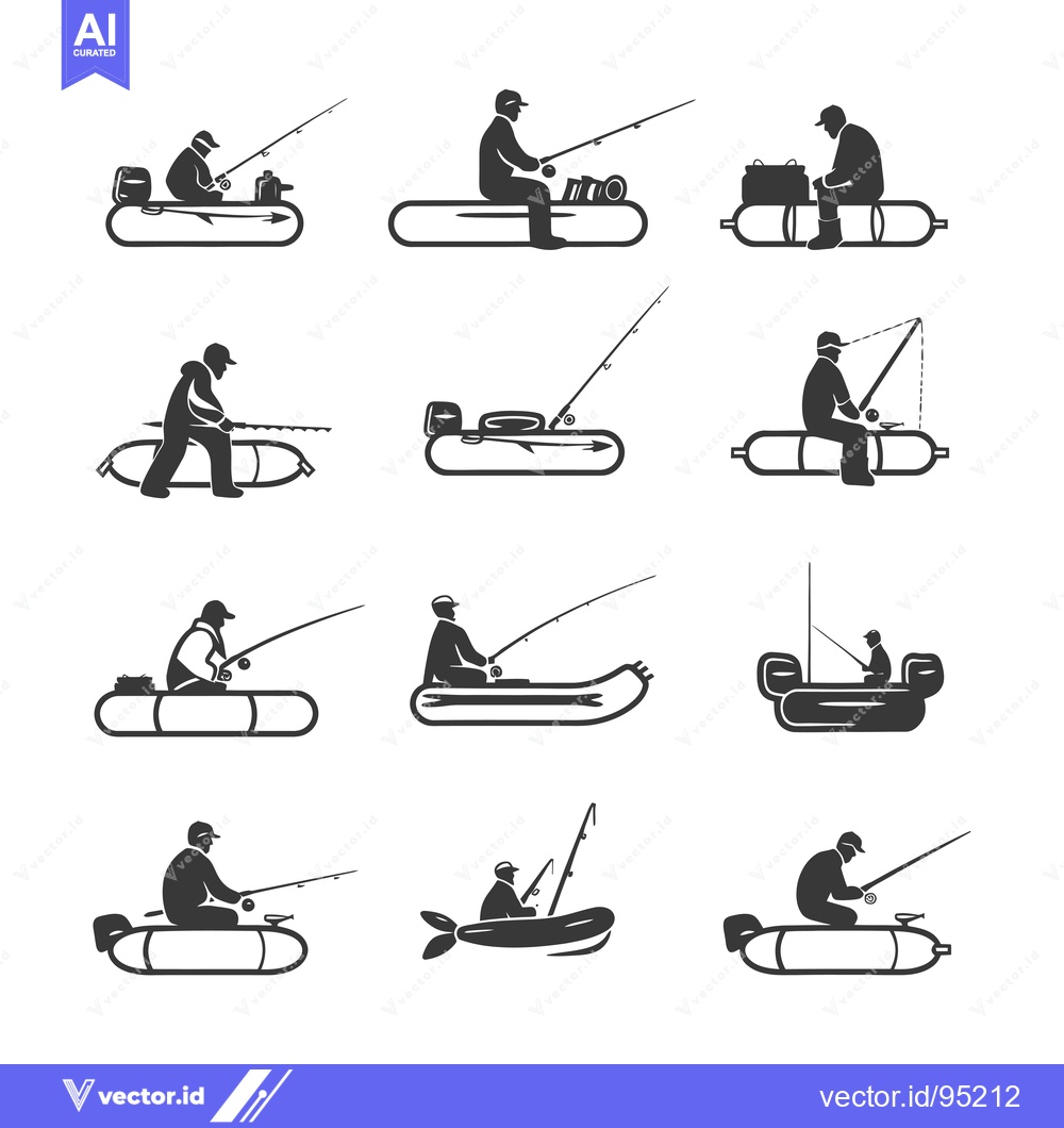Premium Vector dari Set of Fishing Icons with People in Inflatable Boats