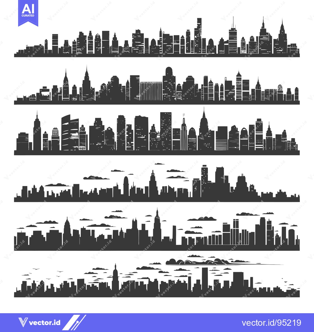 Premium Vector dari Set of Five City Skylines with Buildings and Clouds