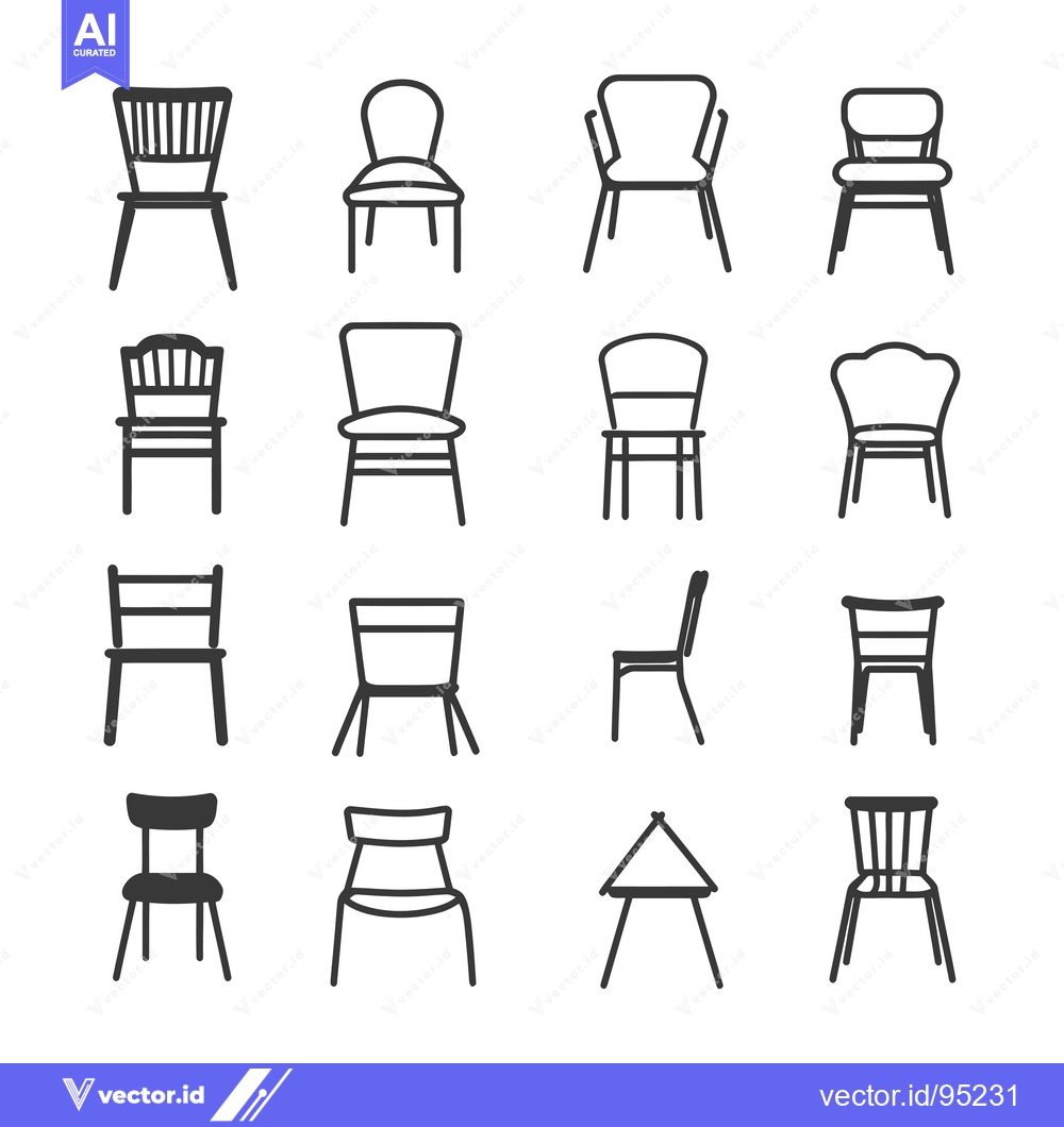 Premium Vector dari Set of Fourteen Different Chair Designs, Black Outline on White Backgr