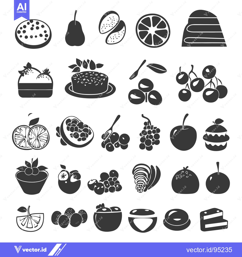 Premium Vector of Set of Fruits and Cakes Black Silhouette Icons