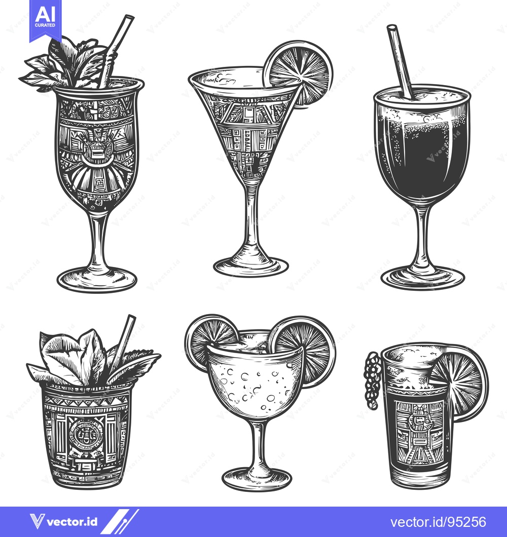 Premium Vector of Set of Hand-Drawn Black and White Cocktail Illustrations