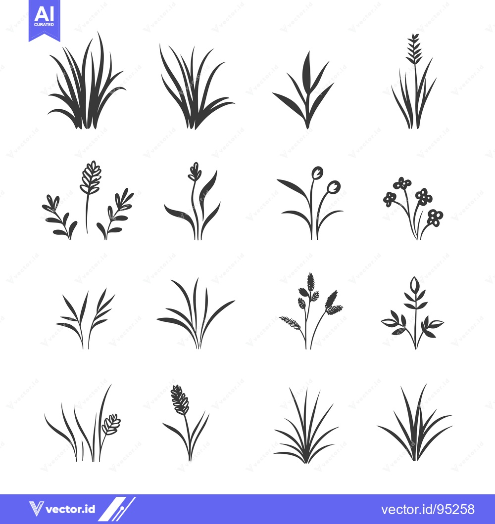 Premium Vector dari Set of Hand Drawn Black and White Grass and Flower Silhouettes