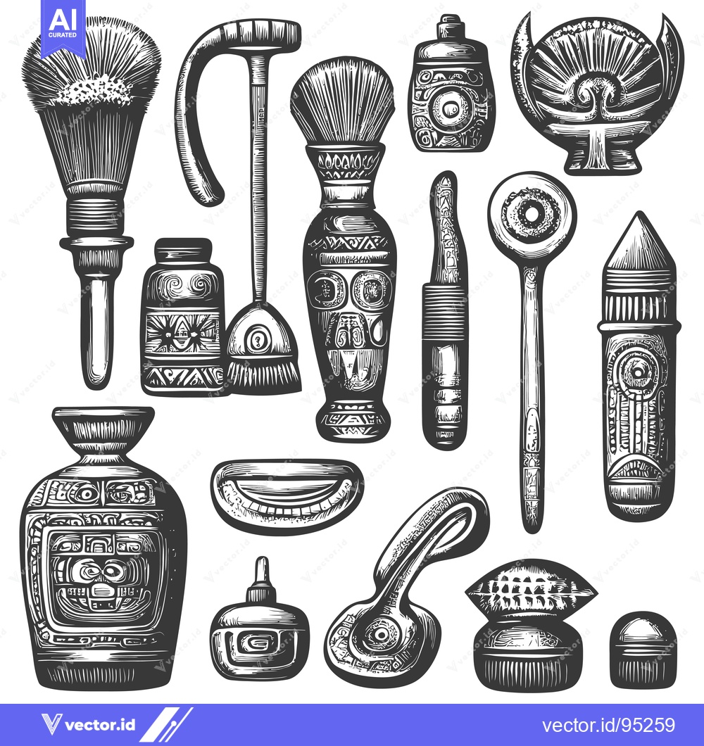 Premium Vector of Set of Hand-Drawn Black and White Illustrations of Aztec-Style Tools a