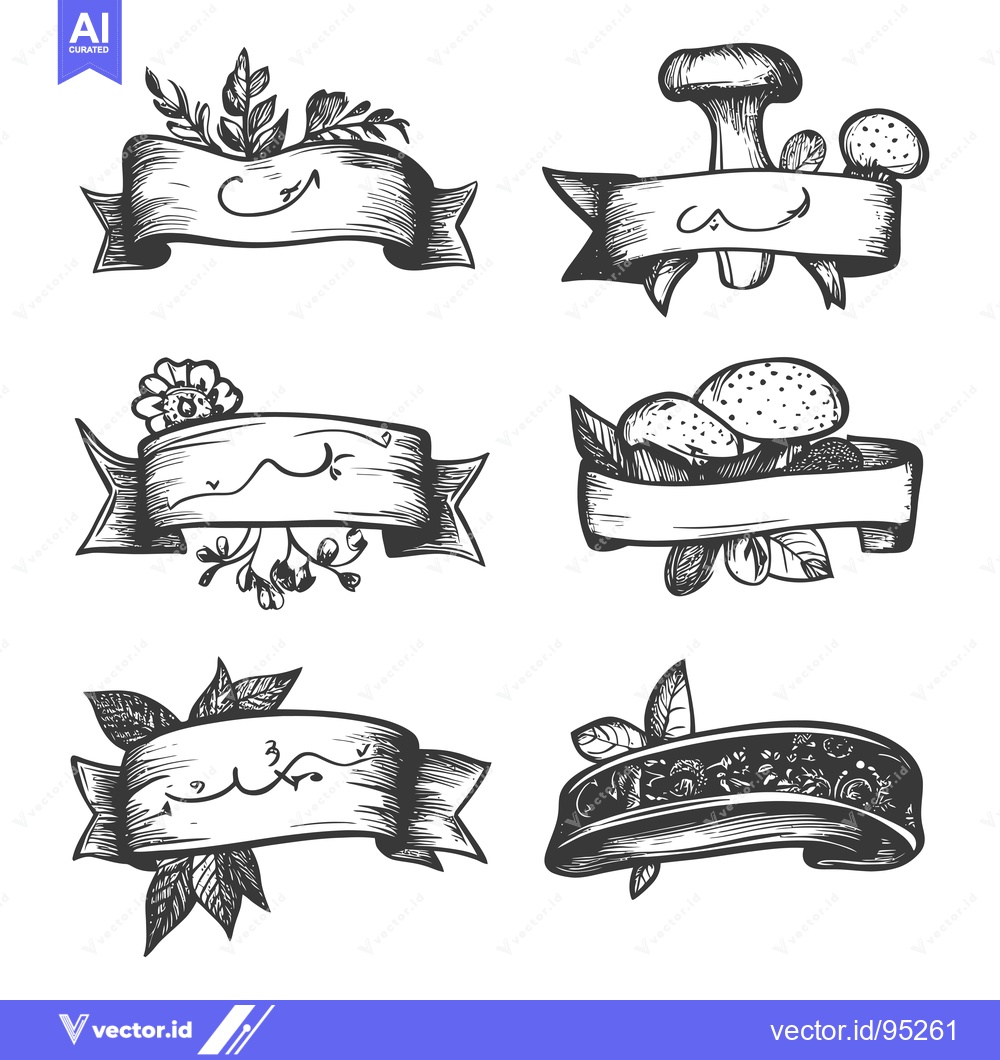 Premium Vector dari Set of Hand Drawn Black and White Ribbons with Floral and Mushroom Dec