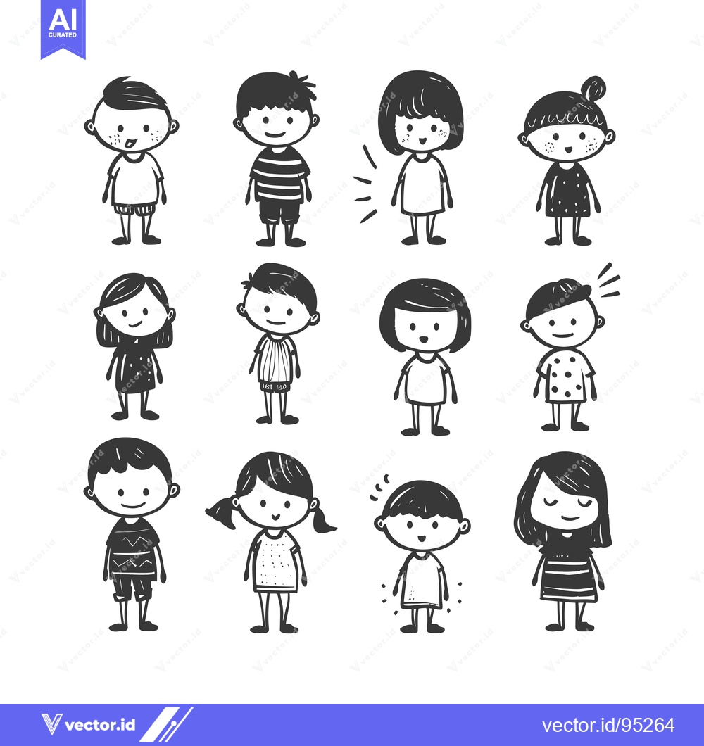 Premium Vector dari Set of Hand-Drawn Cartoon Children with Different Hairstyles and Outfi