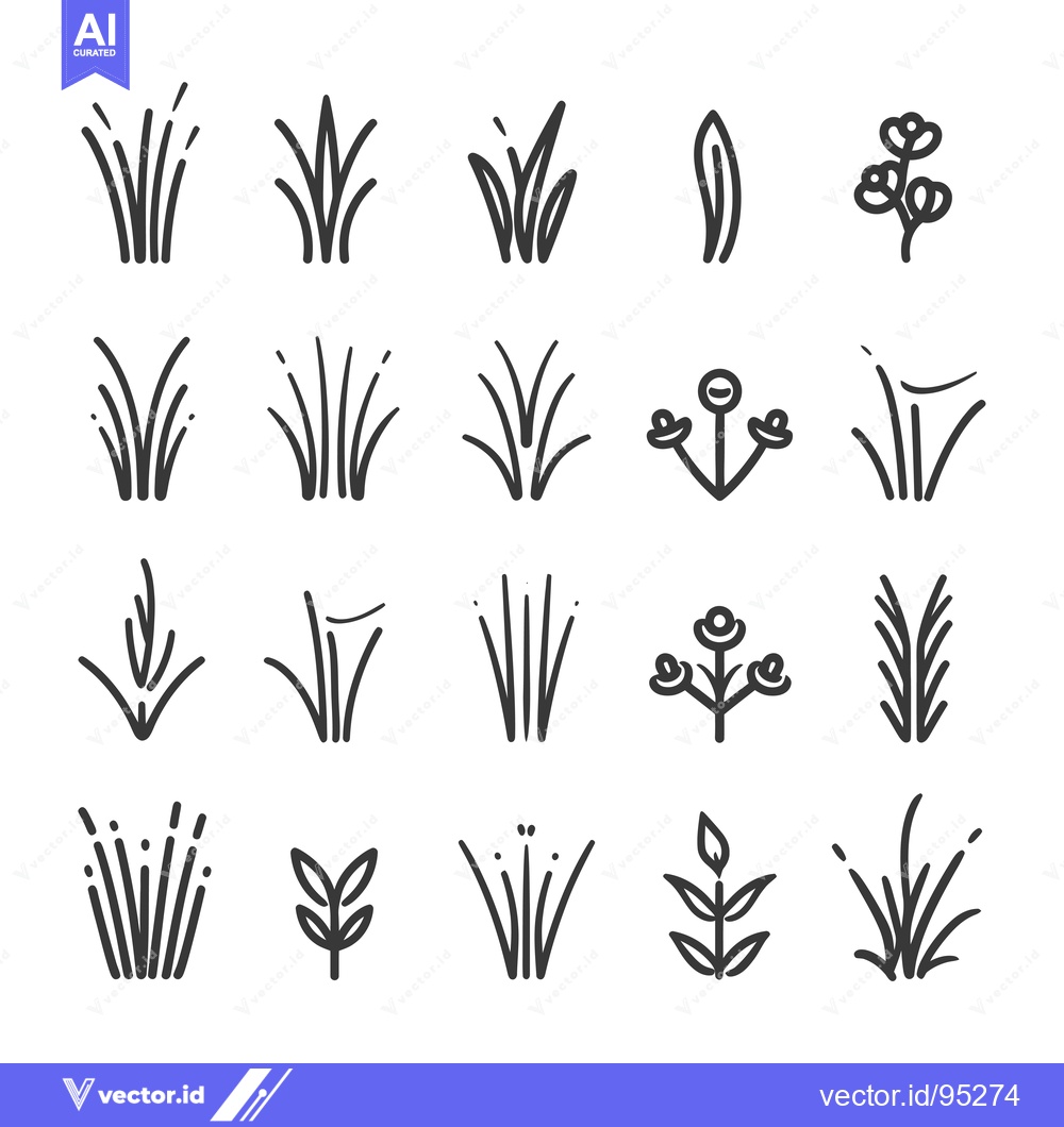 Premium Vector of Set of Hand-Drawn Line Art Grass and Flower Icons