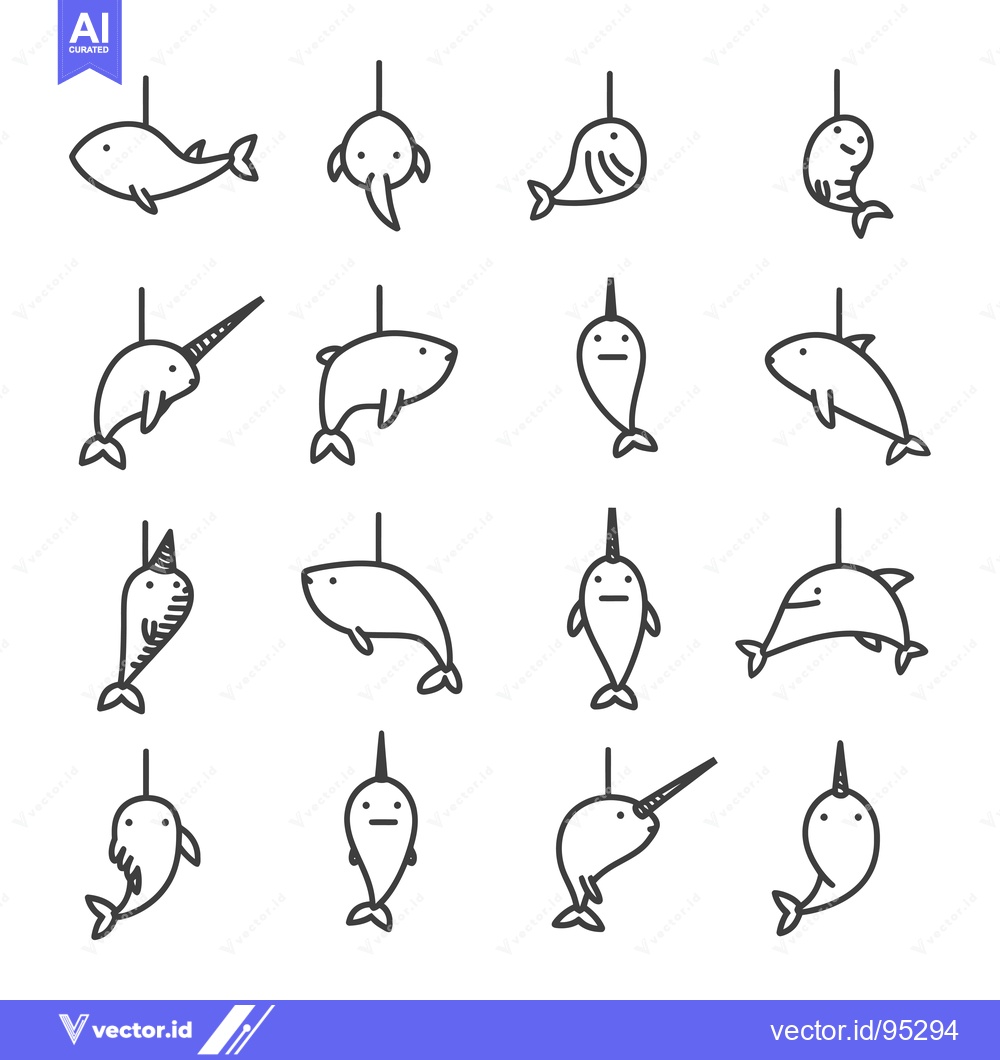 Premium Vector of Set of Hanging Narwhal and Whale Line Icons