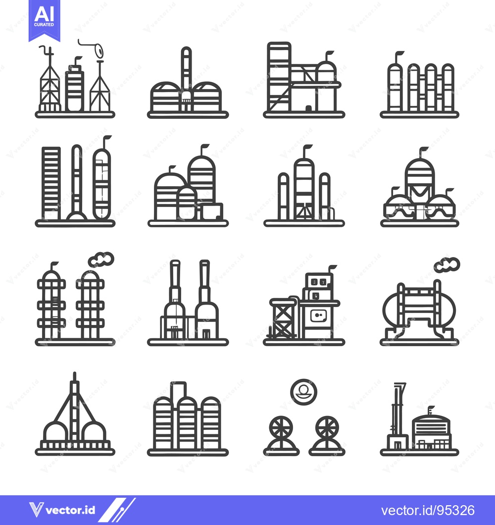 Premium Vector dari Set of Industrial and Refinery Plant Icon Line Style