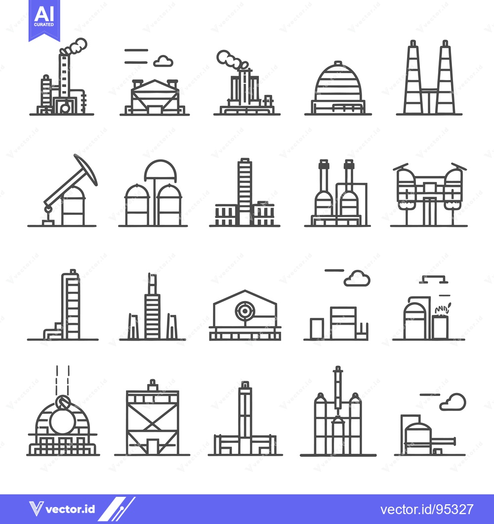 Premium Vector of Set of Industrial Buildings and Structures Icons in Line Style