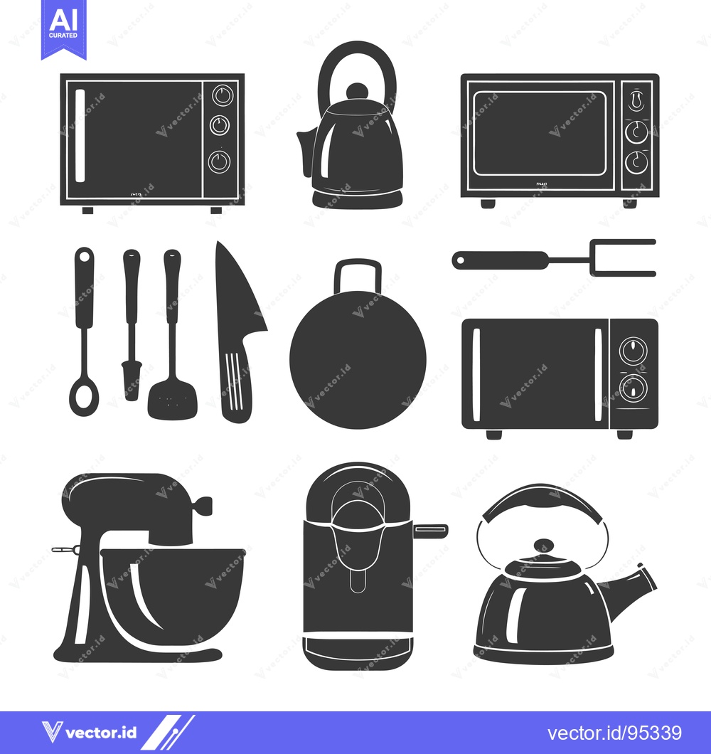 Premium Vector of Set of Kitchen Appliances and Utensils in Black Silhouettes