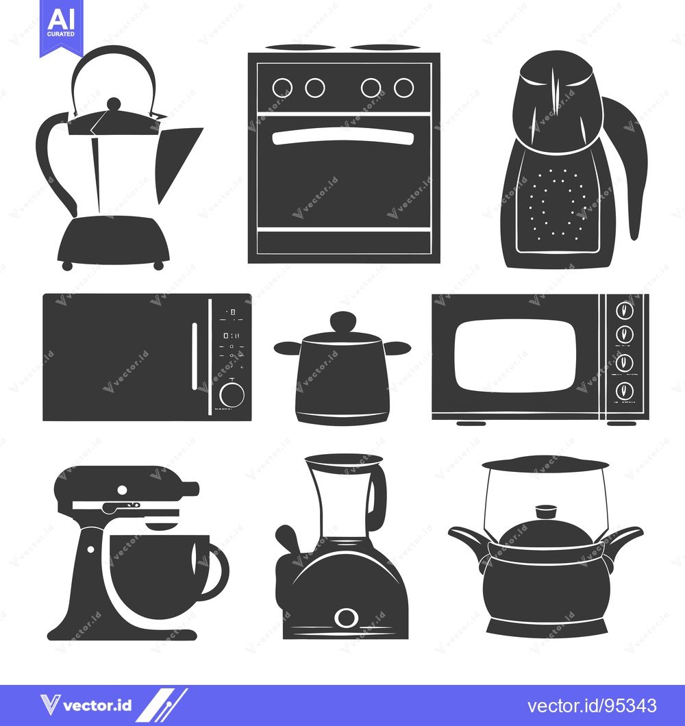 Premium Vector of Set of Kitchen Appliances Silhouette Icons in Black and White