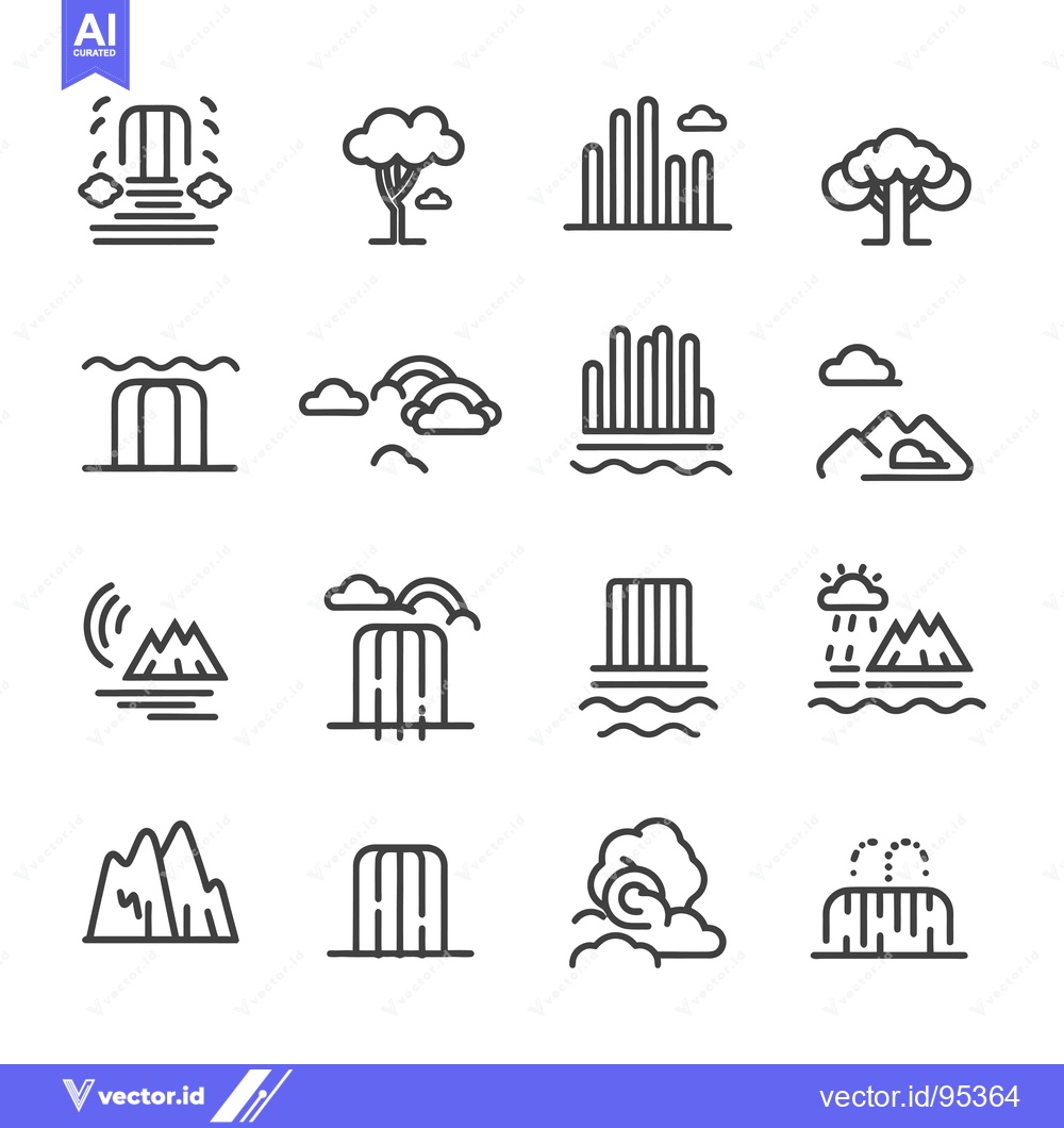 Premium Vector dari Set of Linear Icons Representing Waterfalls, Trees, Mountains, and Clo