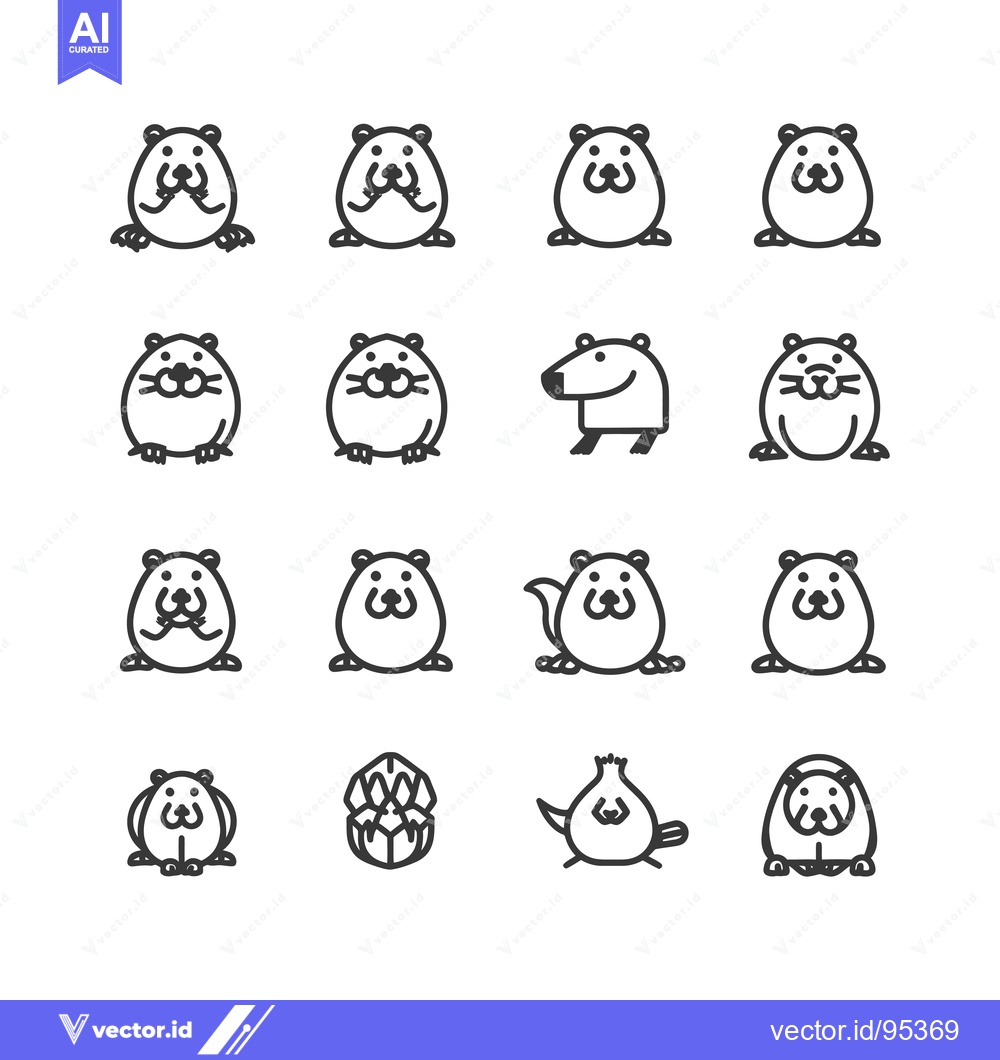 Premium Vector of Set of Line Art Icons Depicting Cartoon Beavers in Various Poses
