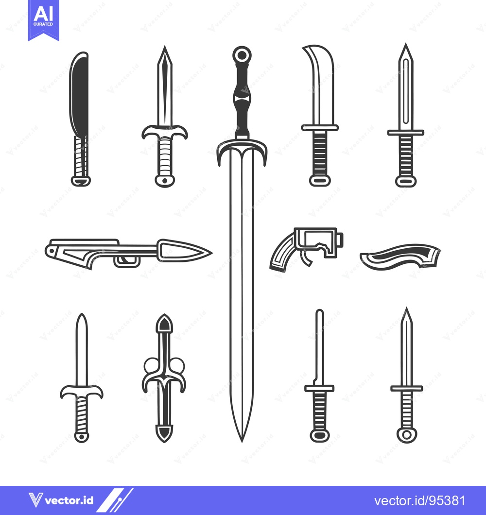Premium Vector dari Set of Line Art Weapon Icons Including Swords, Knives, and Guns