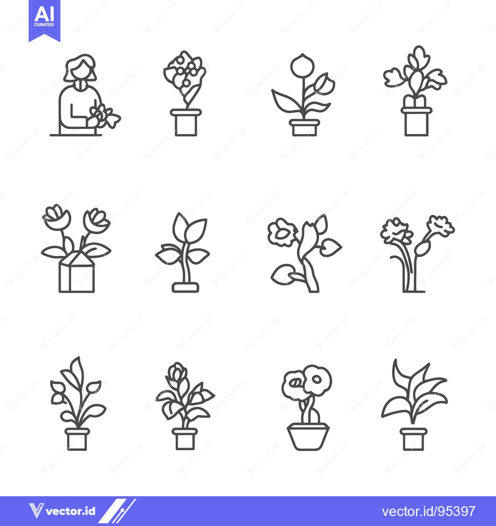 Premium Vector dari Set of Line Icons Depicting Flowers and Plants in Pots