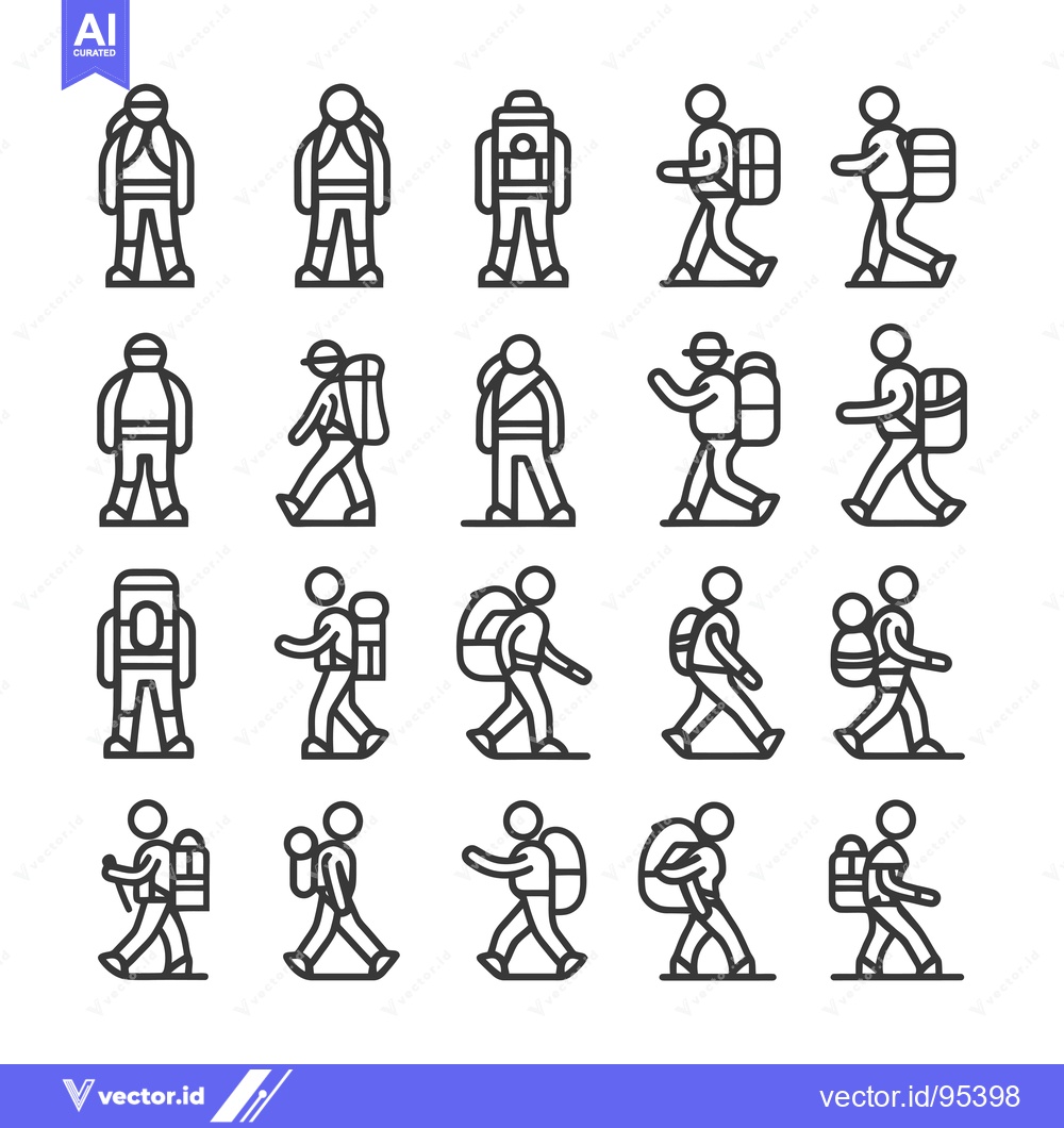 Premium Vector of Set of Line Icons Depicting Hikers with Backpacks