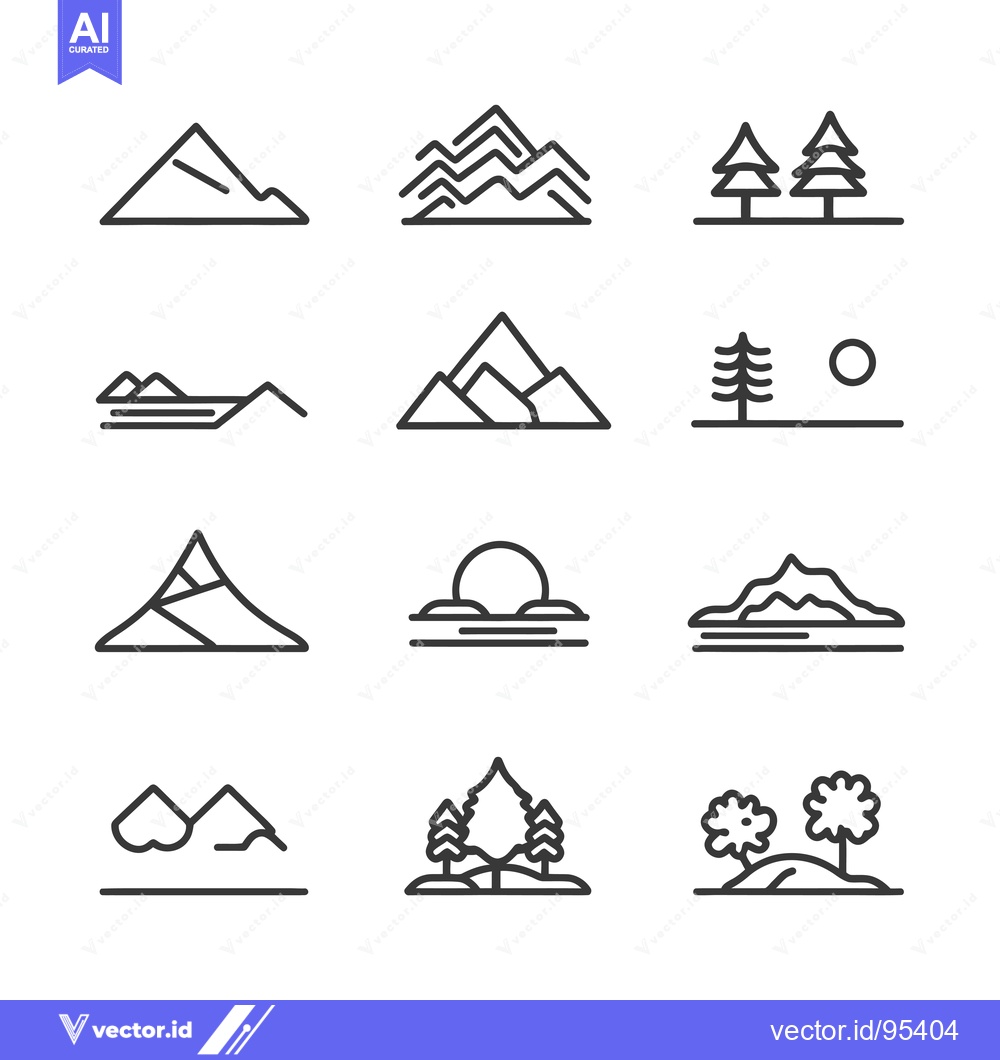 Premium Vector of Set of Line Icons Depicting Mountains, Trees, and Landscapes