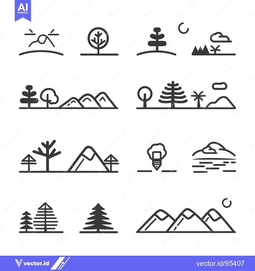 Premium Vector dari Set of Line Icons Depicting Nature Scenes with Mountains, Trees, and S