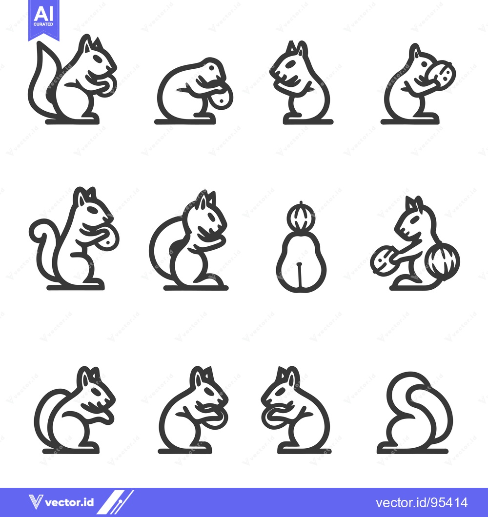 Premium Vector dari Set of Line Icons Depicting Squirrels in Various Poses Holding Nuts