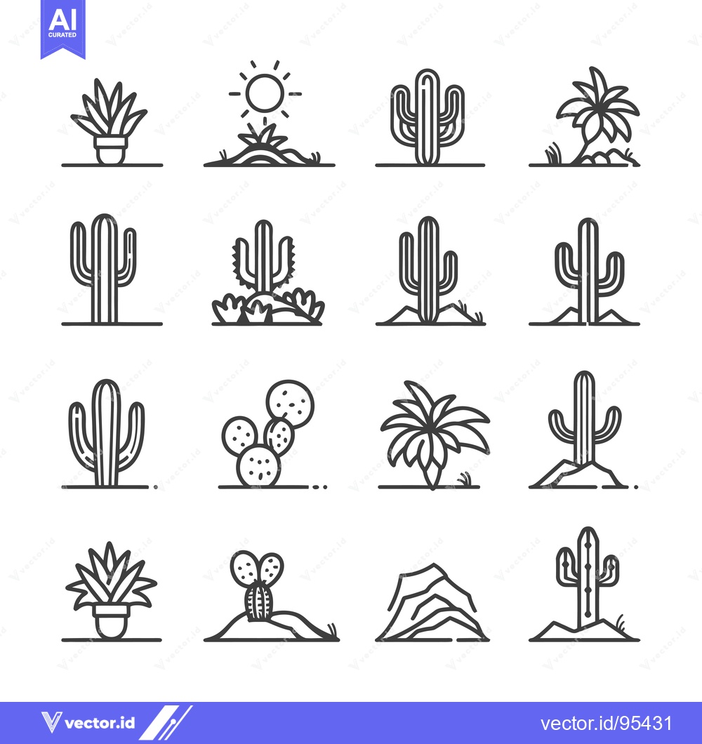 Premium Vector of Set of Line Icons Depicting Various Types of Cacti and Desert Plants