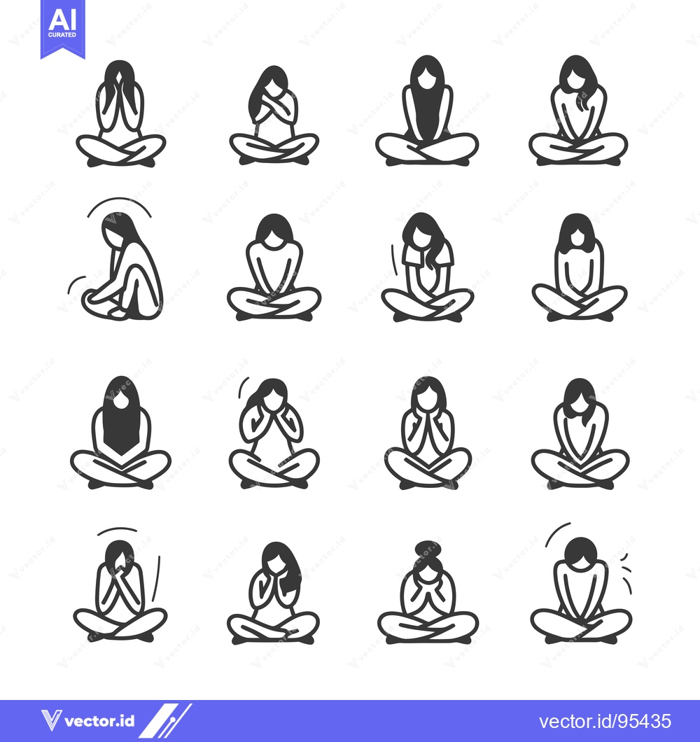 Premium Vector of Set of Line Icons Depicting Women Sitting in Yoga Pose with Various Ha