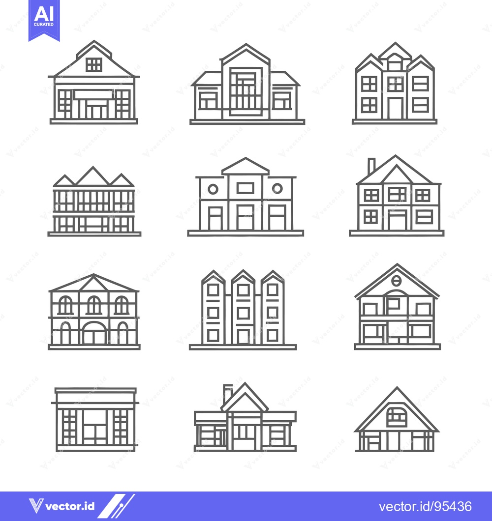 Premium Vector dari Set of Line Icons Featuring Various Building Facades