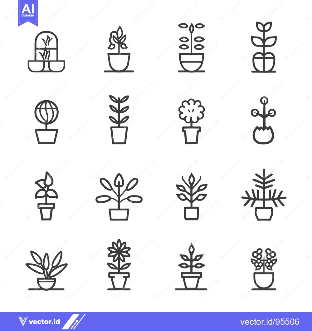 Premium Vector of Set of Line Icons of Potted Plants and Flowers