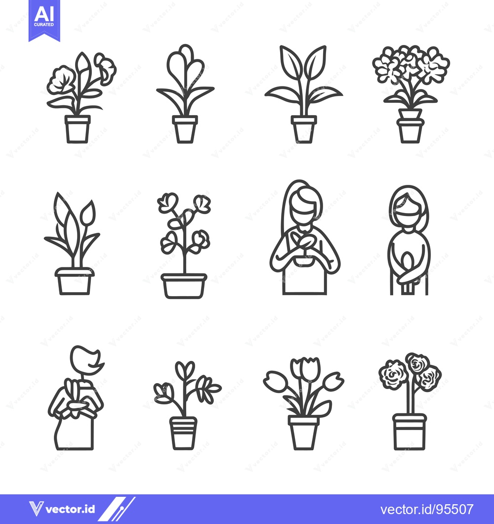 Premium Vector of Set of Line Icons of Potted Plants and Women Holding Plants