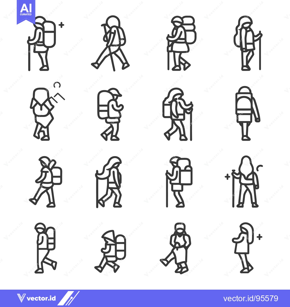 Premium Vector of Set of Line Icons Representing Hikers with Backpacks and Trekking Pole