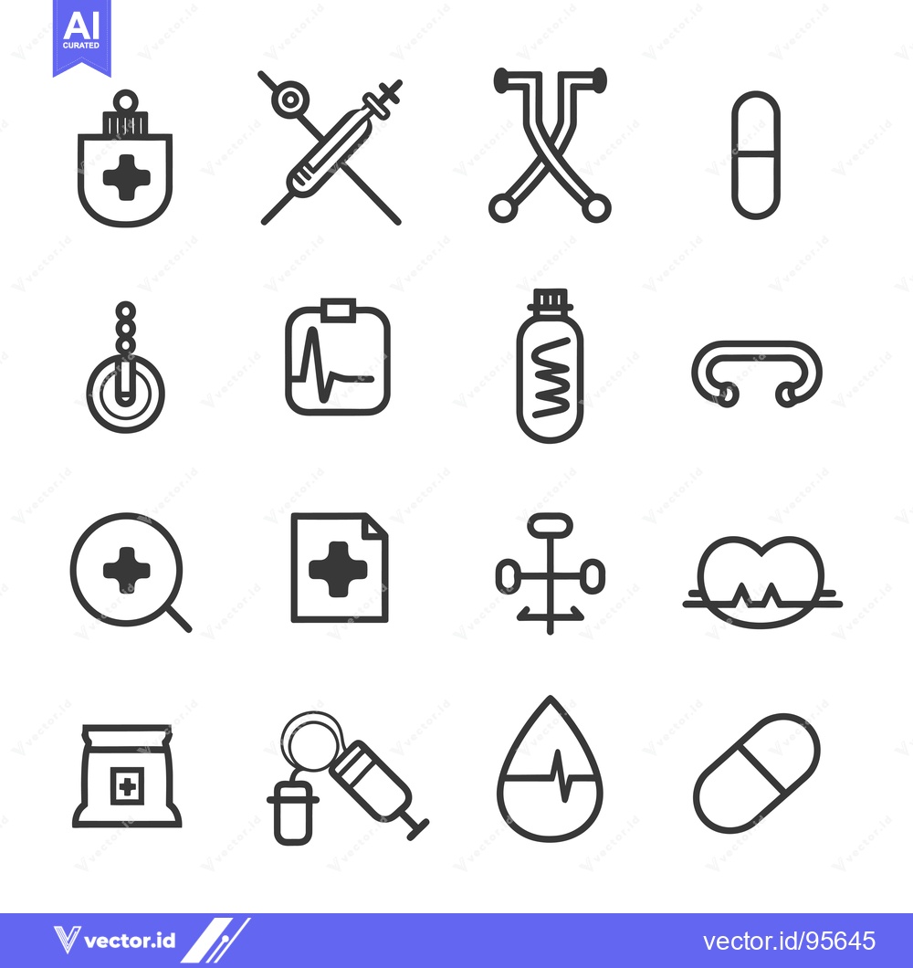 Premium Vector of Set of Medical Icons with Cross, Heartbeat, Pills, and Syringe