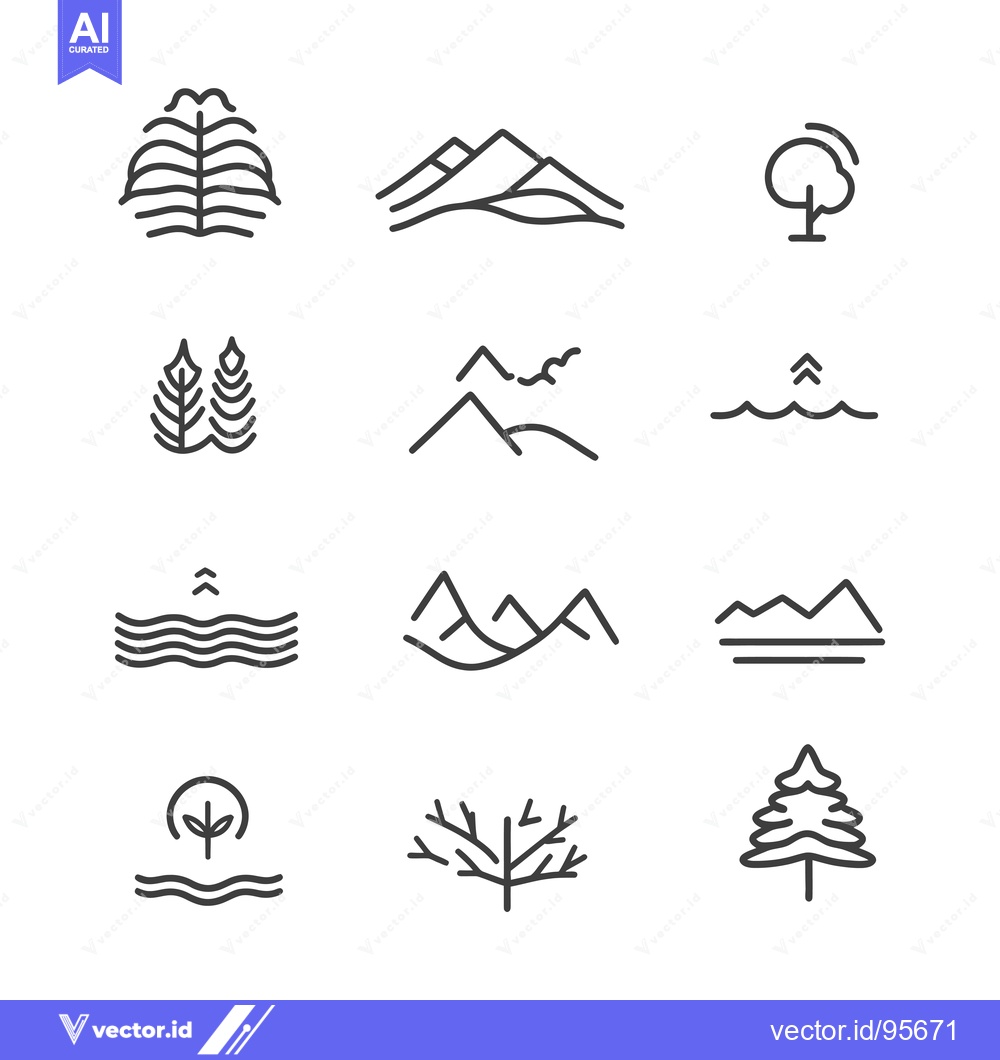 Premium Vector dari Set of Minimalist Nature Icons with Mountains, Trees, and Water